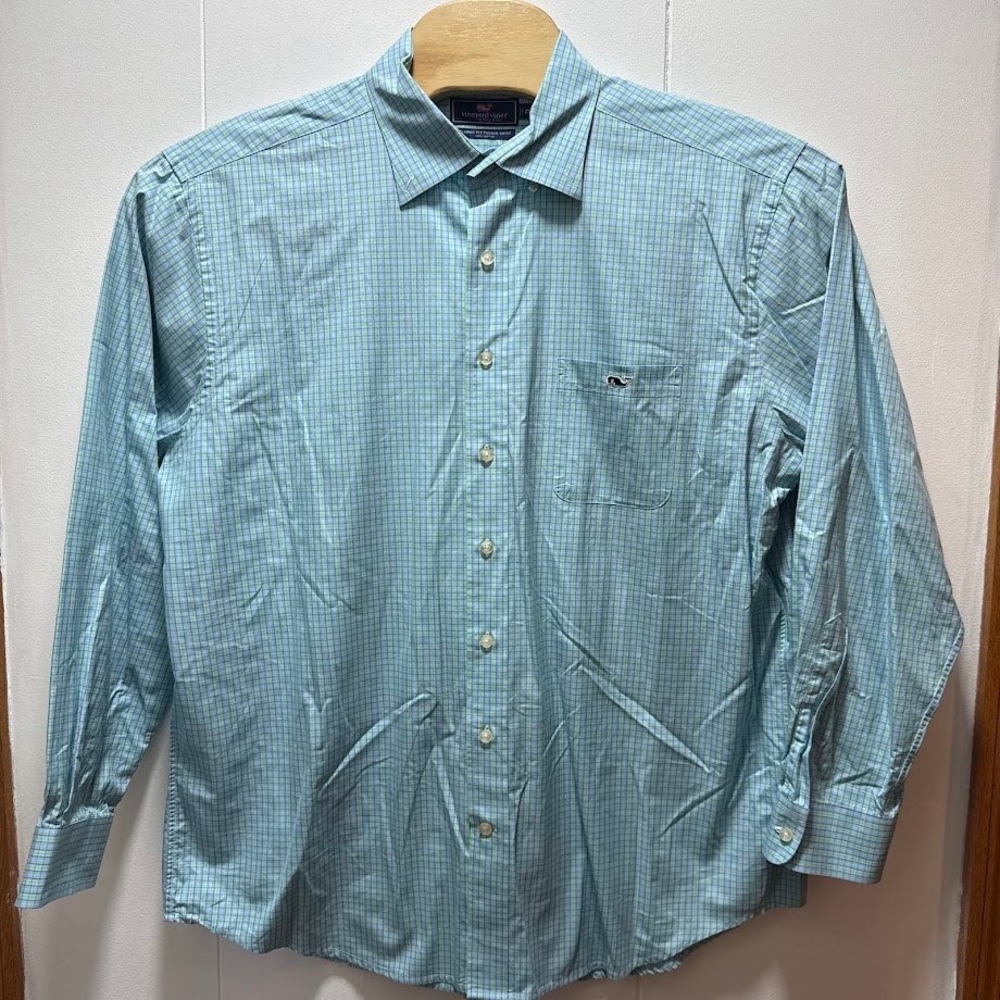 Vineyard Vines Classic Fit Tucker Shirt Mens XL Teal Green Plaid Cotton Whale
